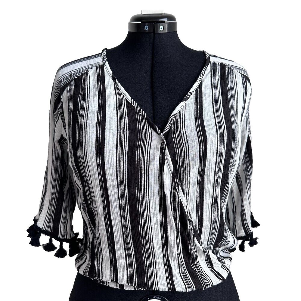 Anthropologie Lavender Field Black & White Stripe Boho Wrap Tassel Crop Top S